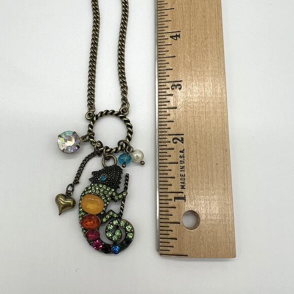 Betsey Johnson Necklace Gecko Multi Color Crystals on Ring with Dangles 21" Rare - Picture 7 of 7